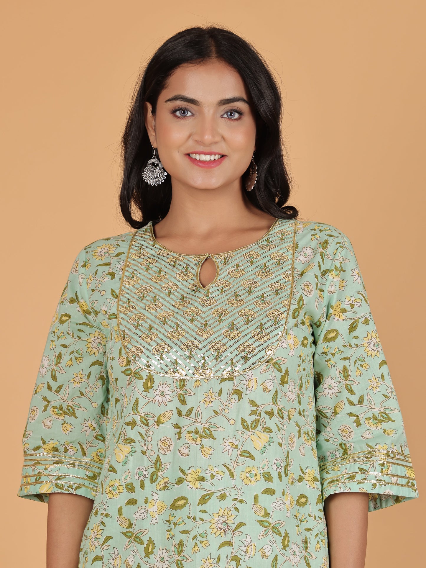 Soft Cotton Floral Straight Green Kurta