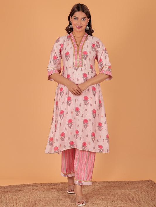 Muslin Gold foil Straight Pink Kurta
