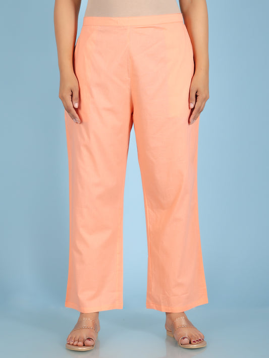 Soft Cotton Solid Orange Straight Trousers