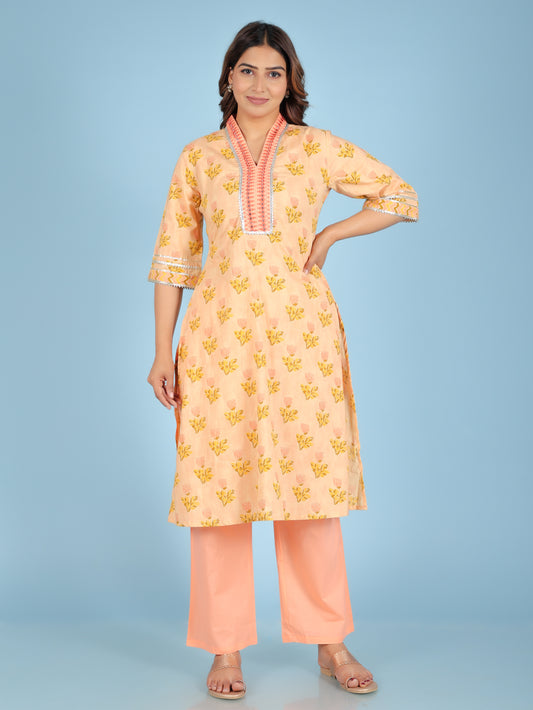 Soft Cotton Floral Straight Cream Kurta