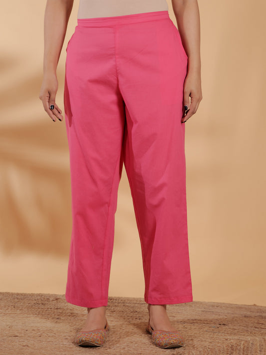 Soft Cotton Solid Pink Tapered Trousers