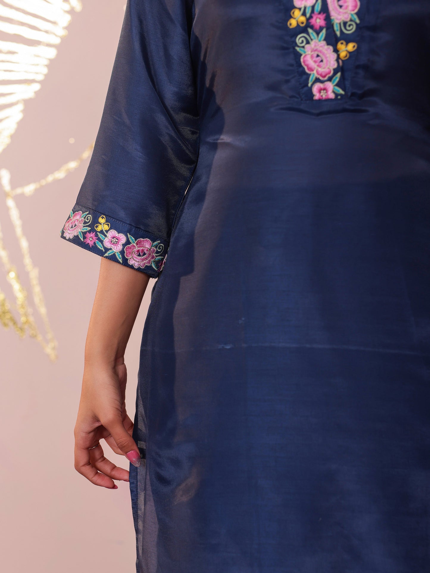 Embroidered Blended Silk Solid Straight Grey Kurta