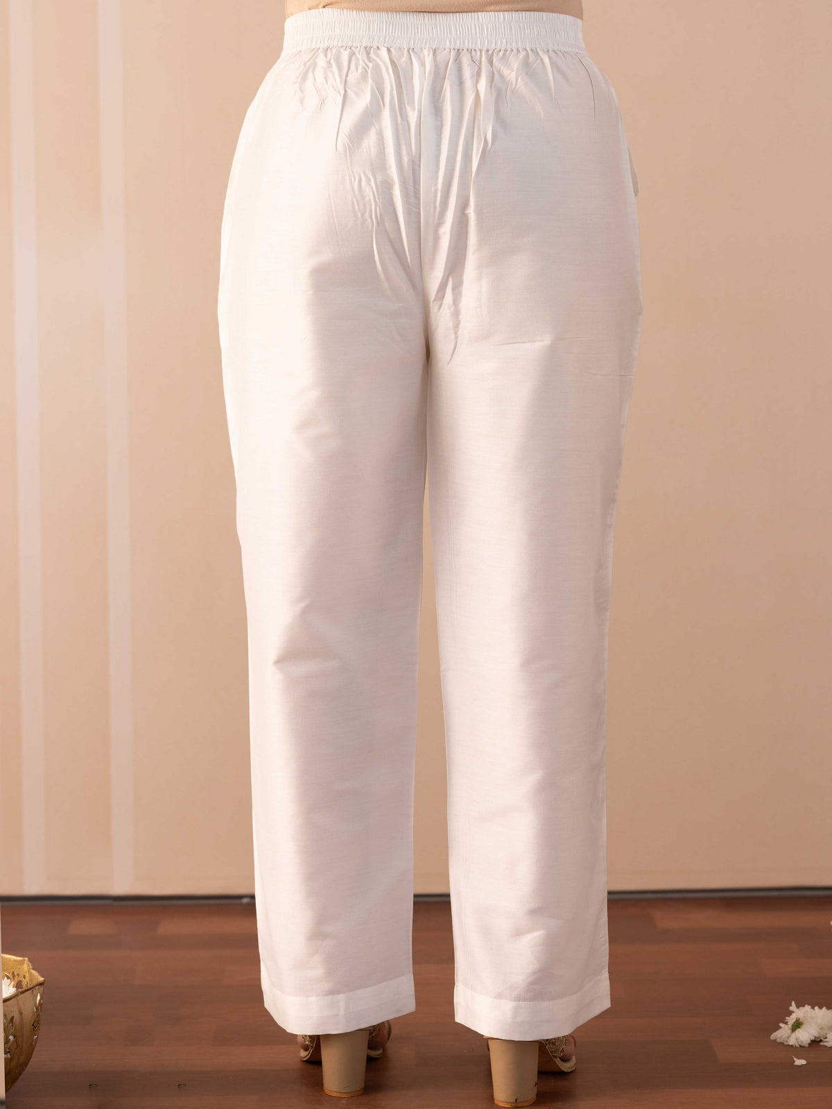 Chanderi Solid Off-White Straight Trousers