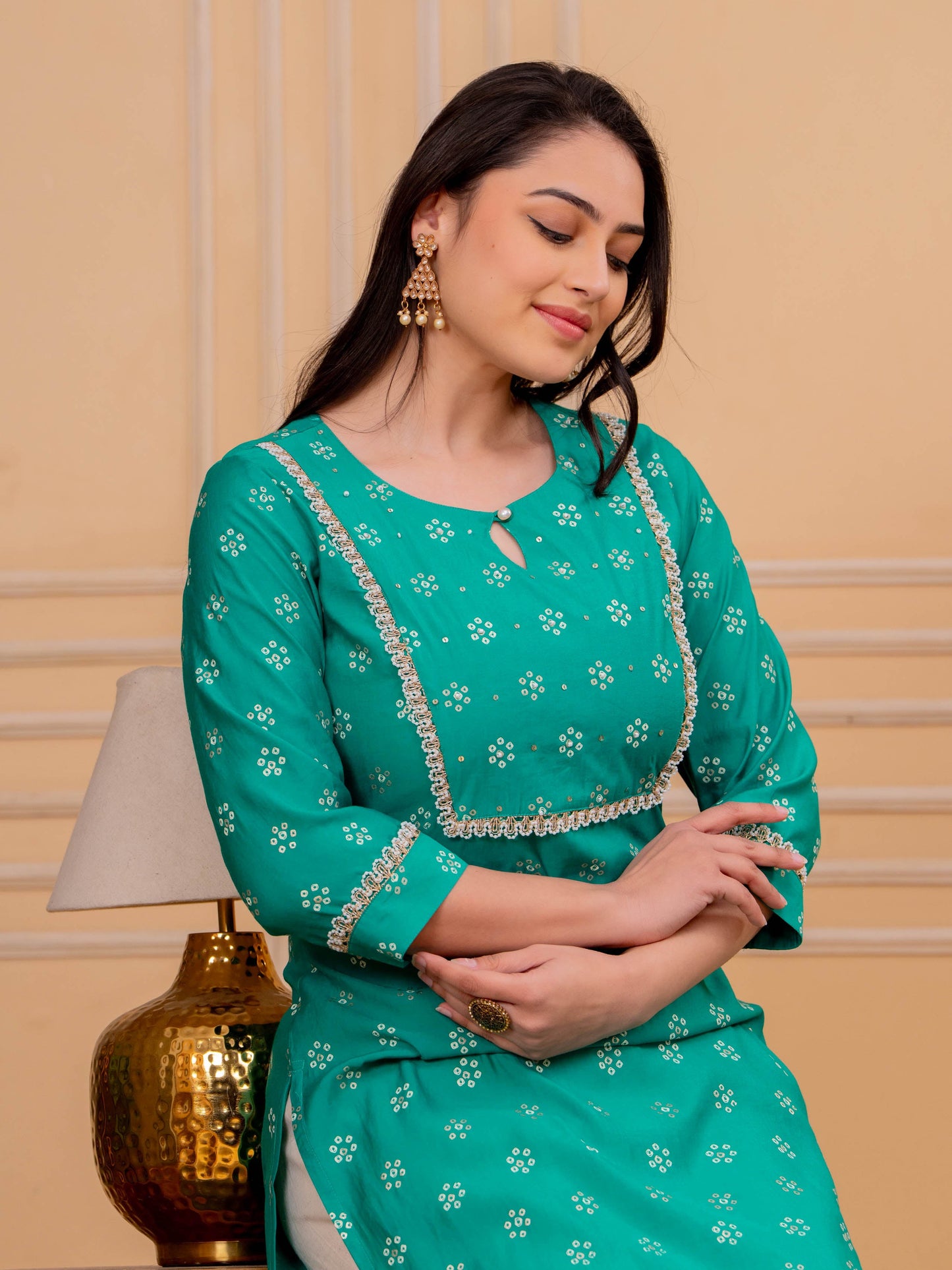Embroidered Blended Silk Butti Straight Green Kurta
