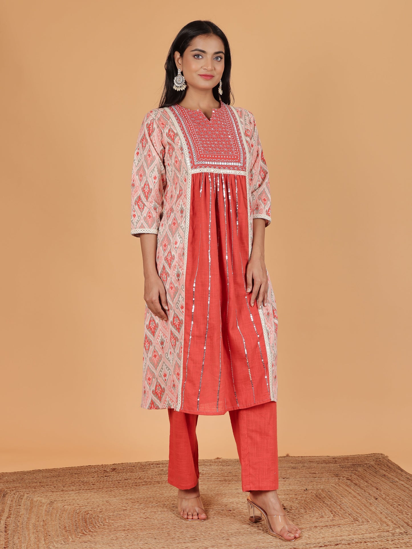 Linen Cotton Ikat Panelled Pink Kurta