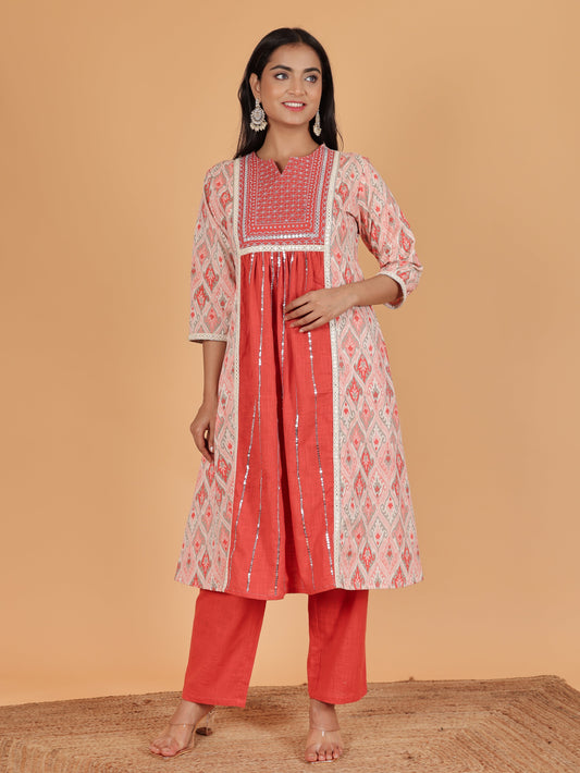 Linen Cotton Ikat Panelled Pink Kurta