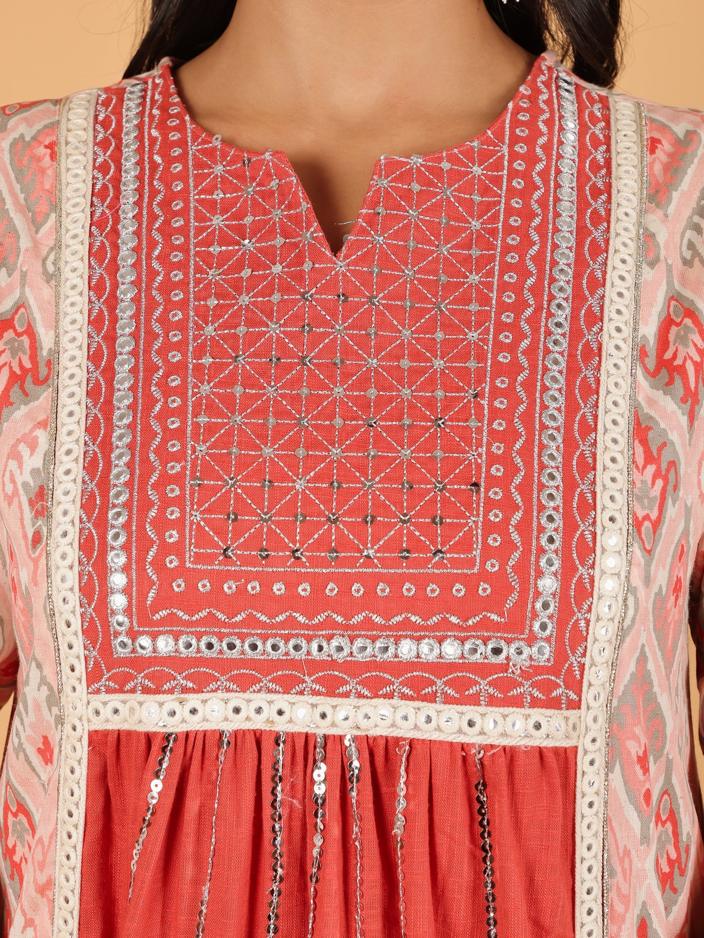 Linen Cotton Ikat Panelled Pink Kurta