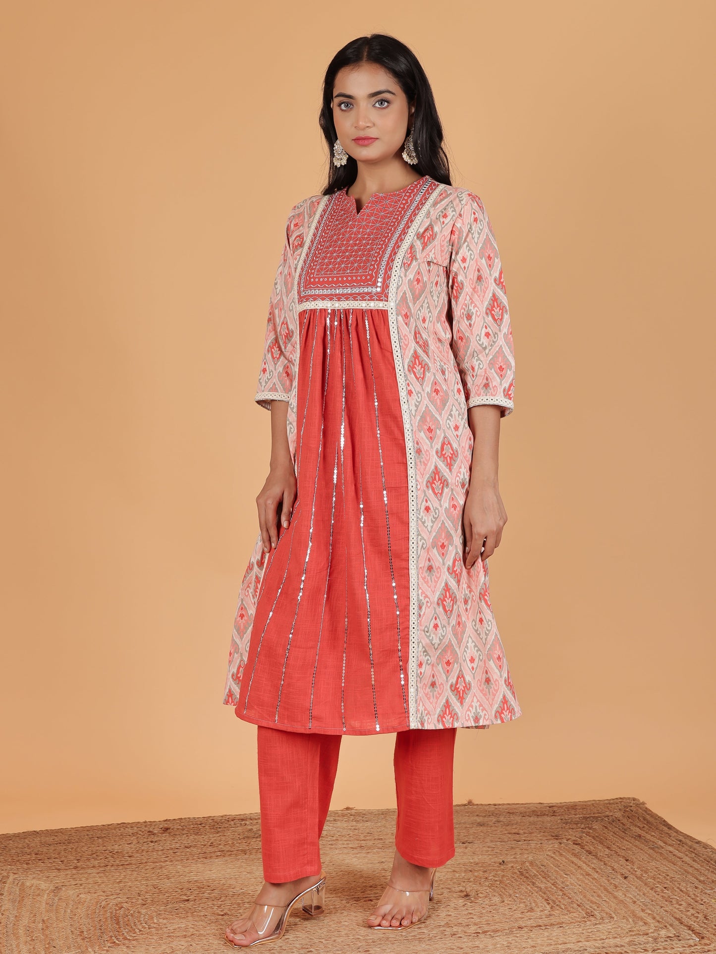 Linen Cotton Ikat Panelled Pink Kurta