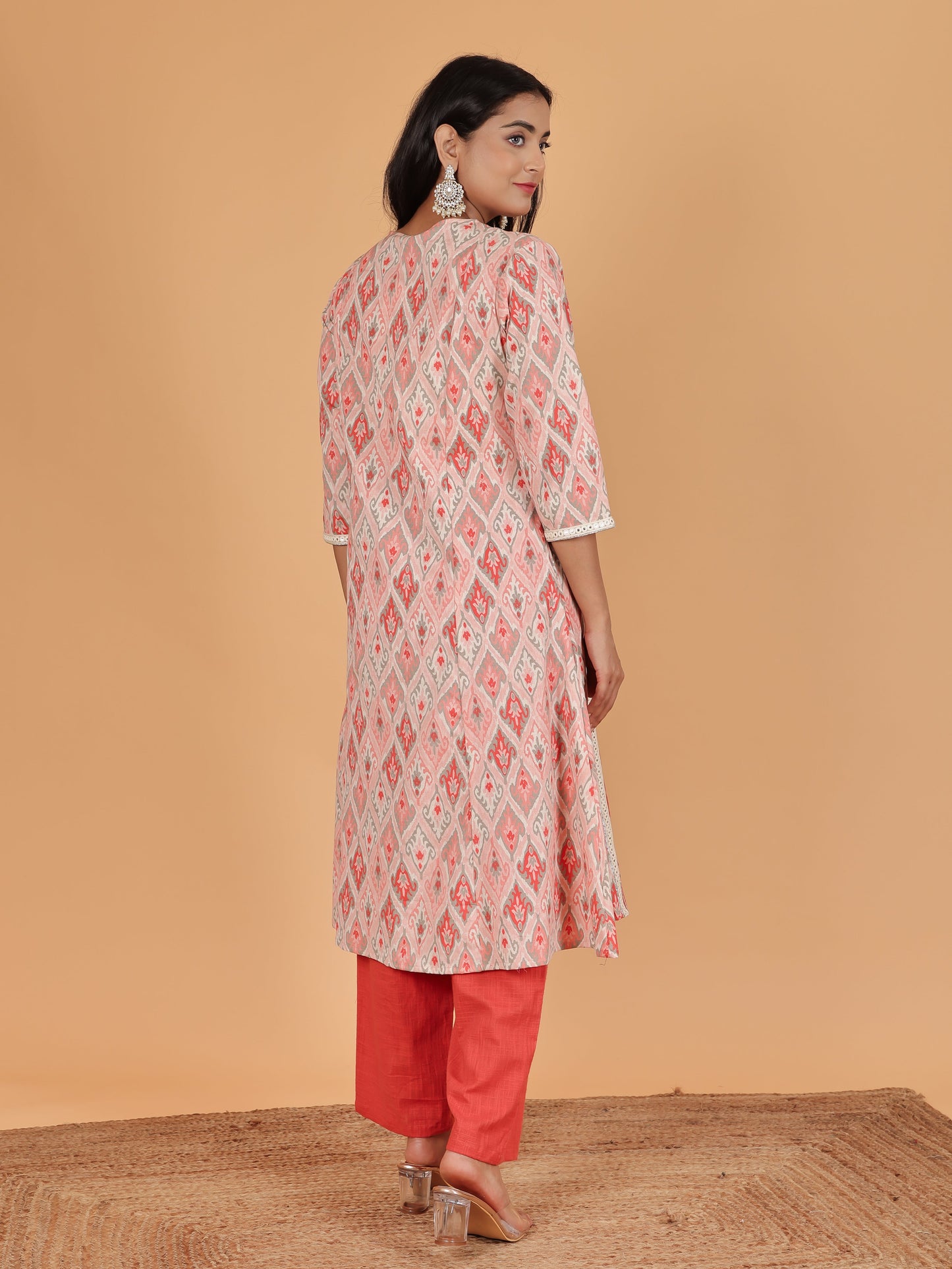 Linen Cotton Ikat Panelled Pink Kurta
