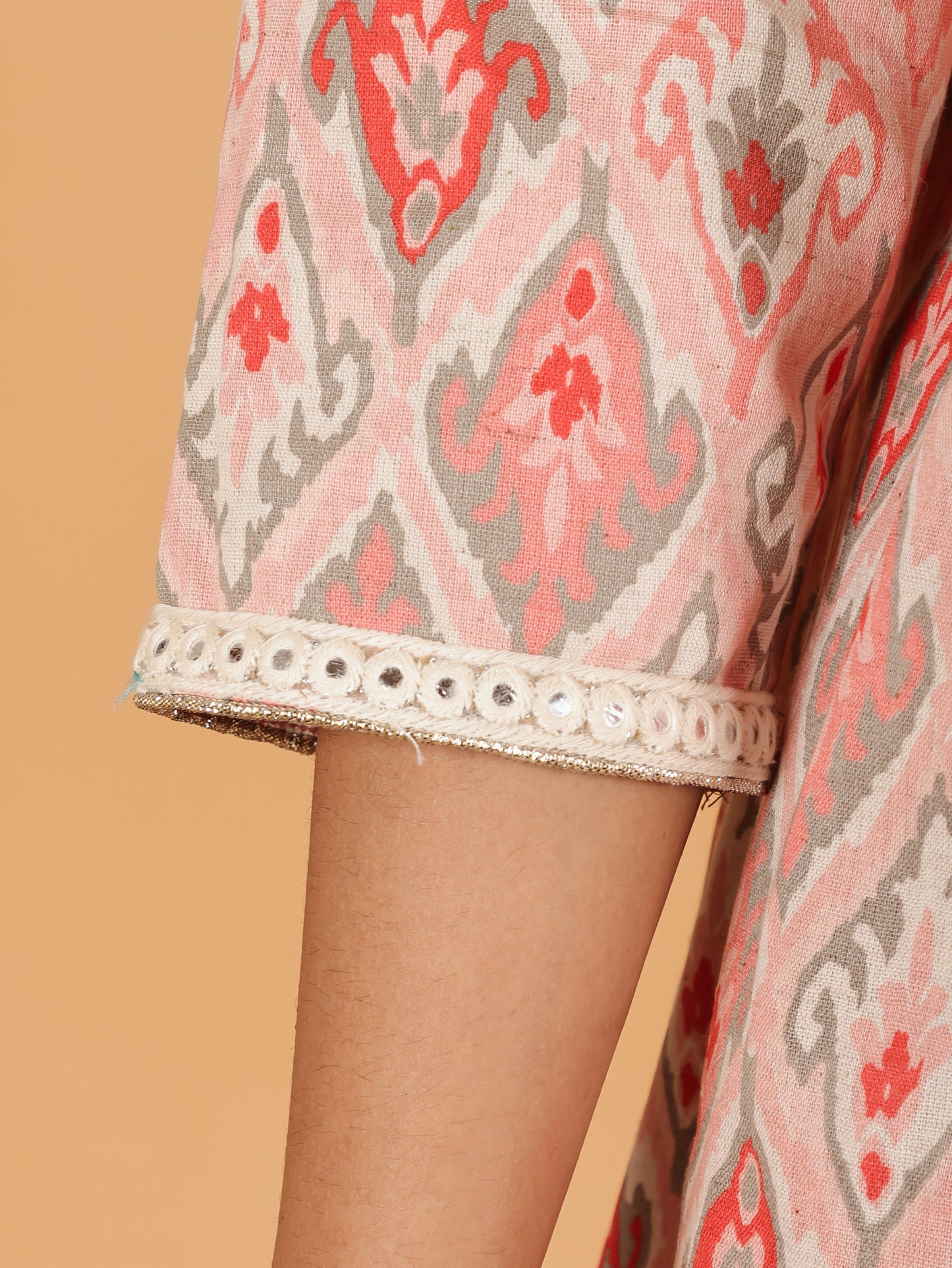 Linen Cotton Ikat Panelled Pink Kurta