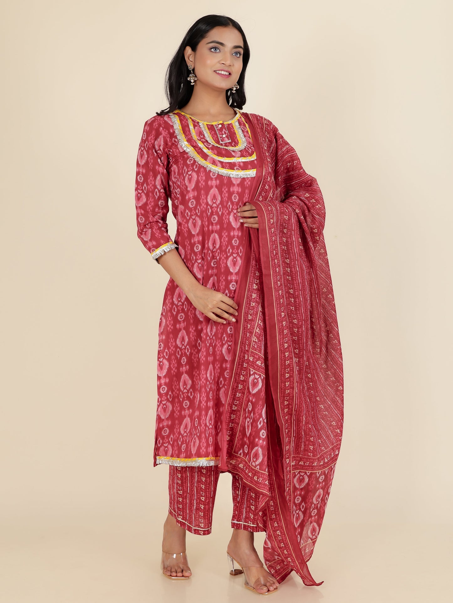 Soft Cotton Ikat Straight Maroon Kurta