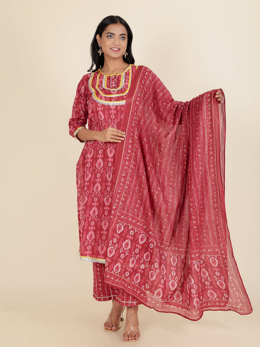 Soft Cotton Ikat Straight Maroon Kurta