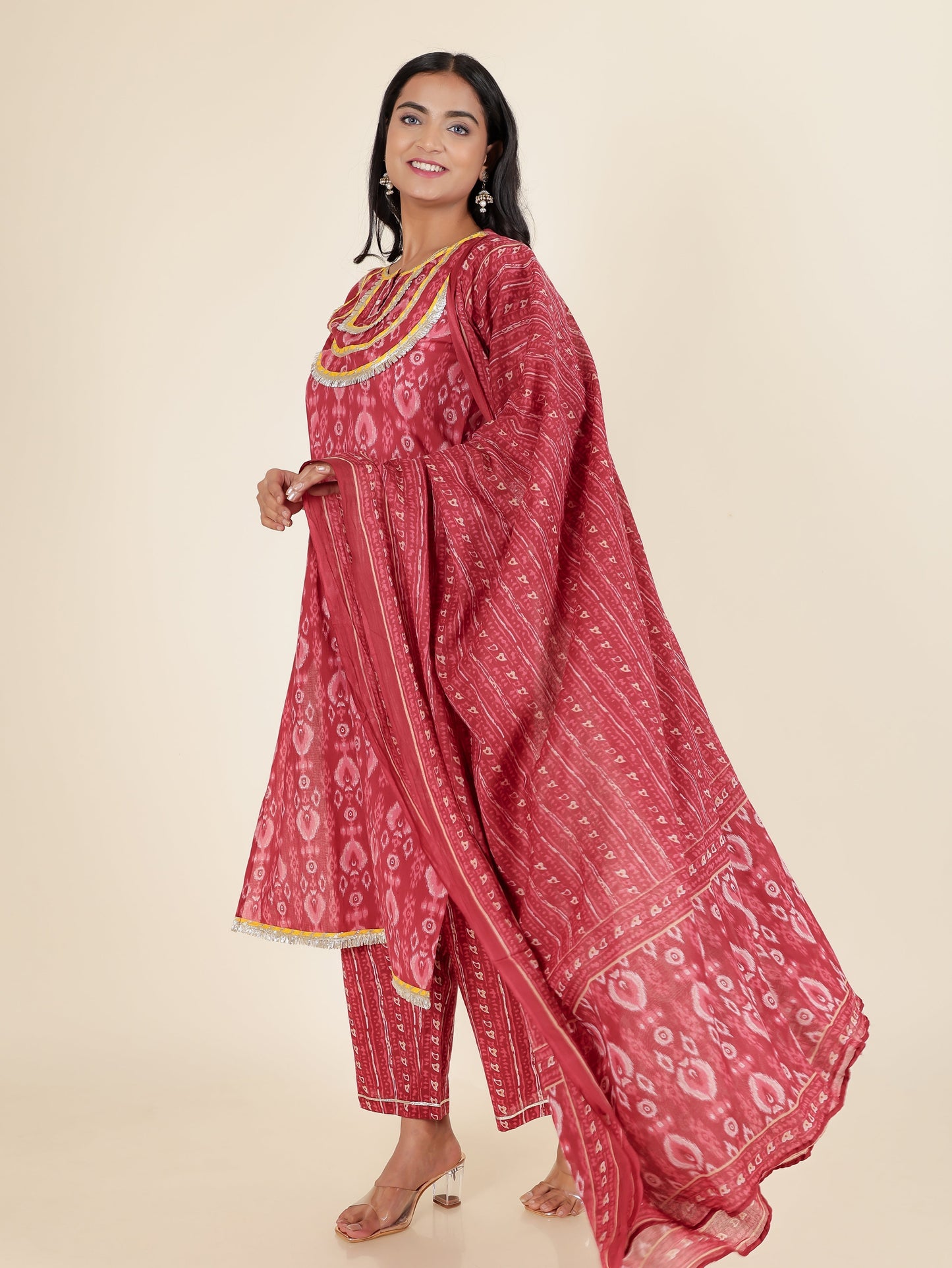 Soft Cotton Ikat Straight Maroon Kurta