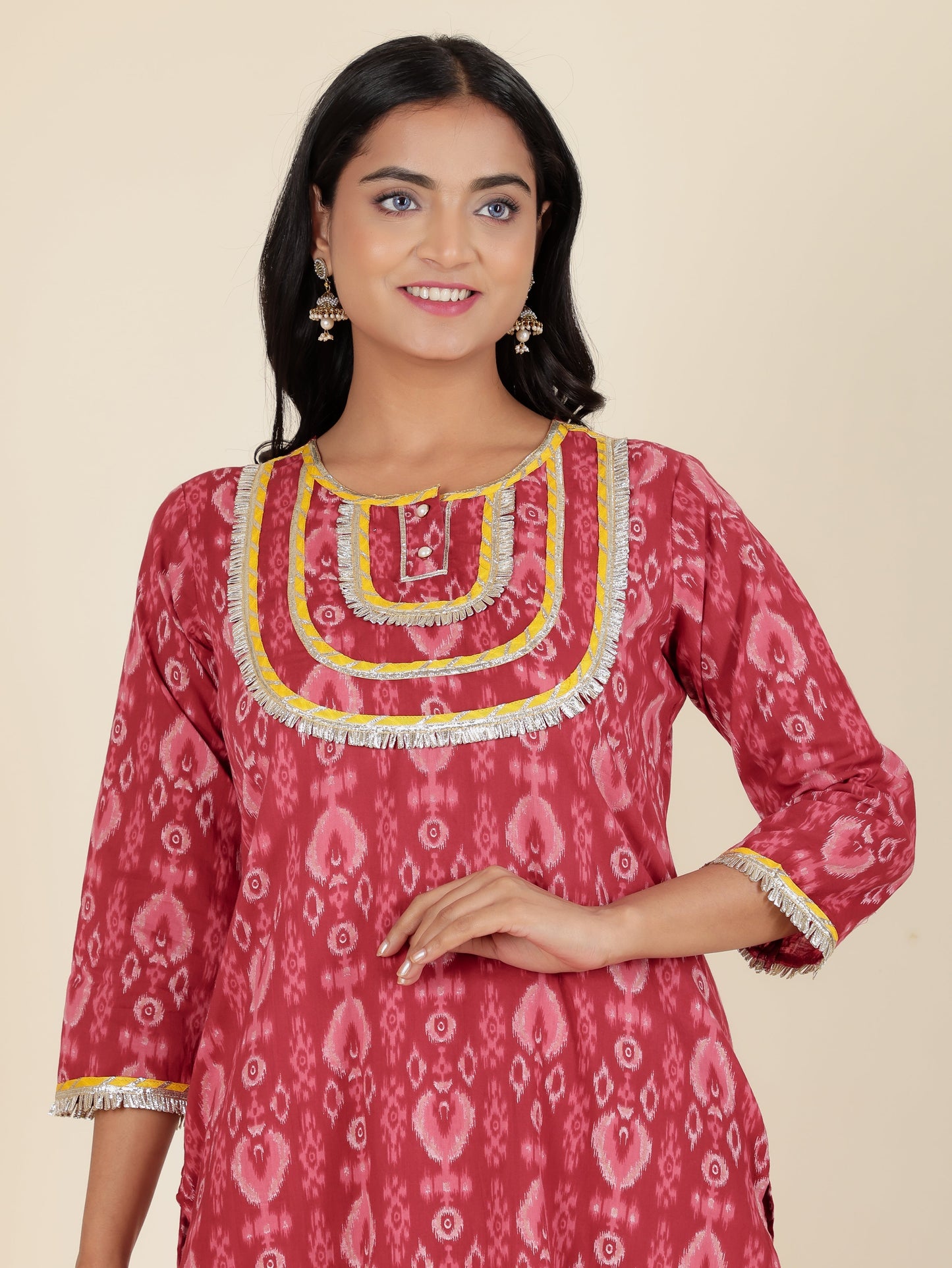 Soft Cotton Ikat Straight Maroon Kurta