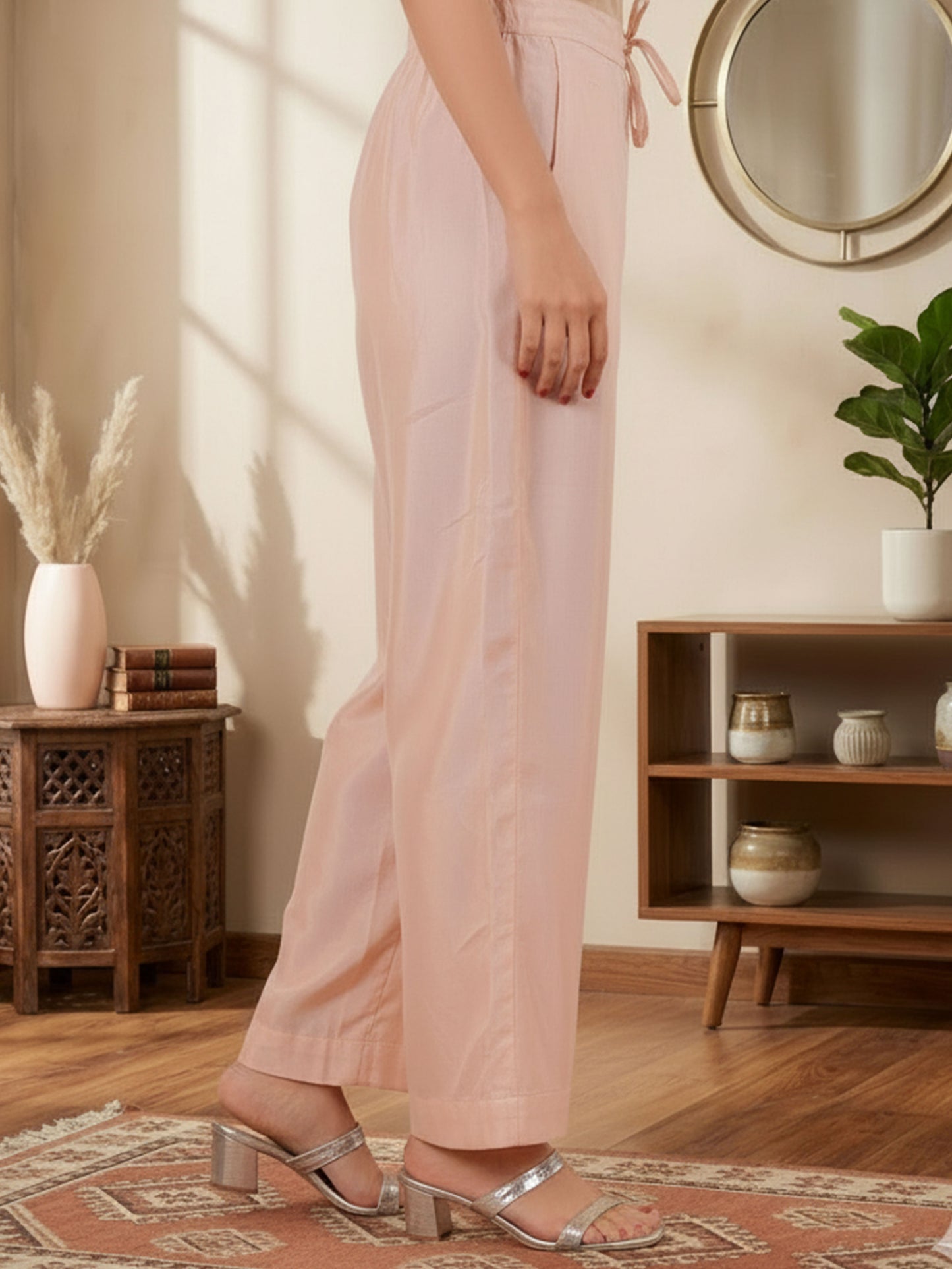 Blended Silk Solid Peach Straight Trousers