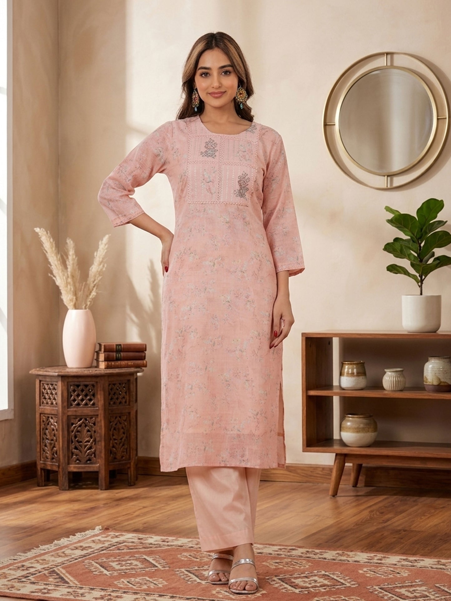 Blended Silk Floral Straight Peach Kurta