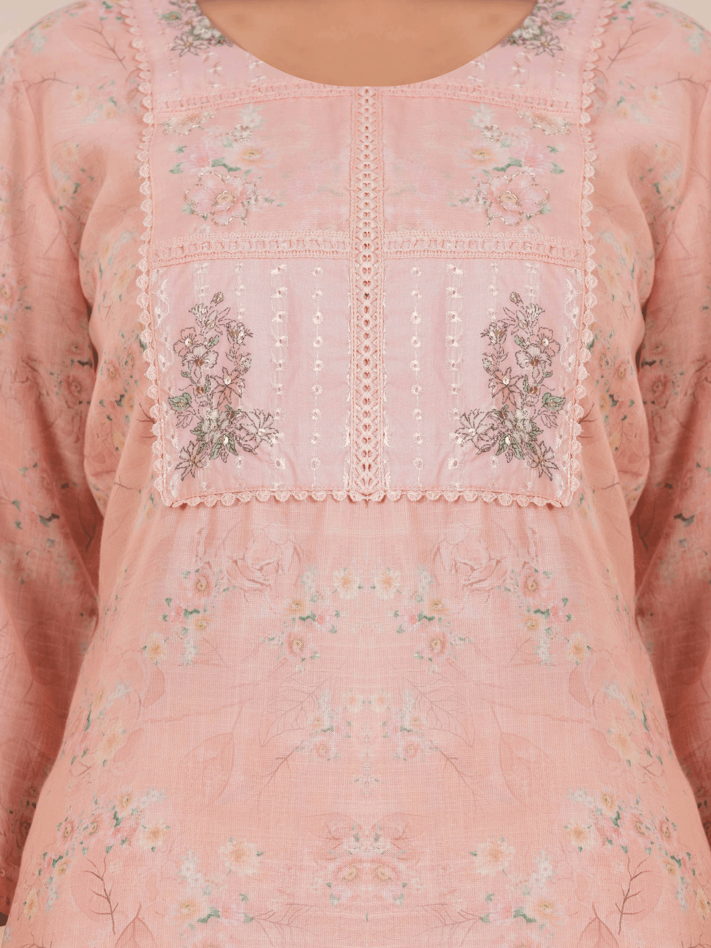 Blended Silk Floral Straight Peach Kurta