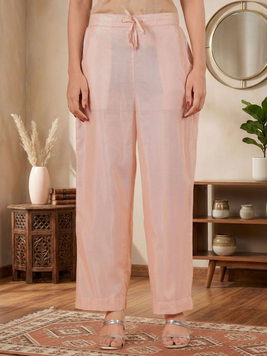 Blended Silk Solid Peach Straight Trousers