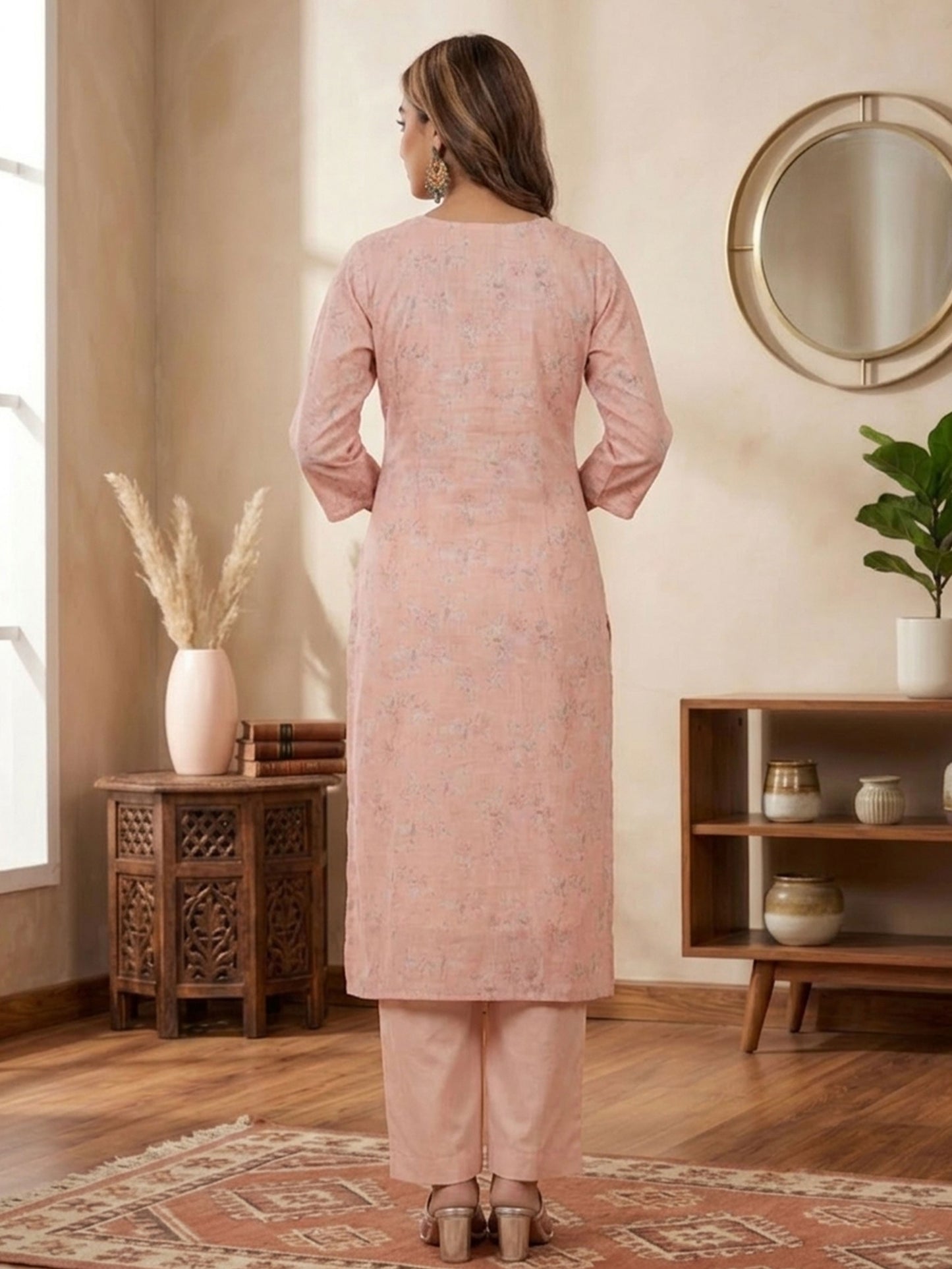 Blended Silk Floral Straight Peach Kurta