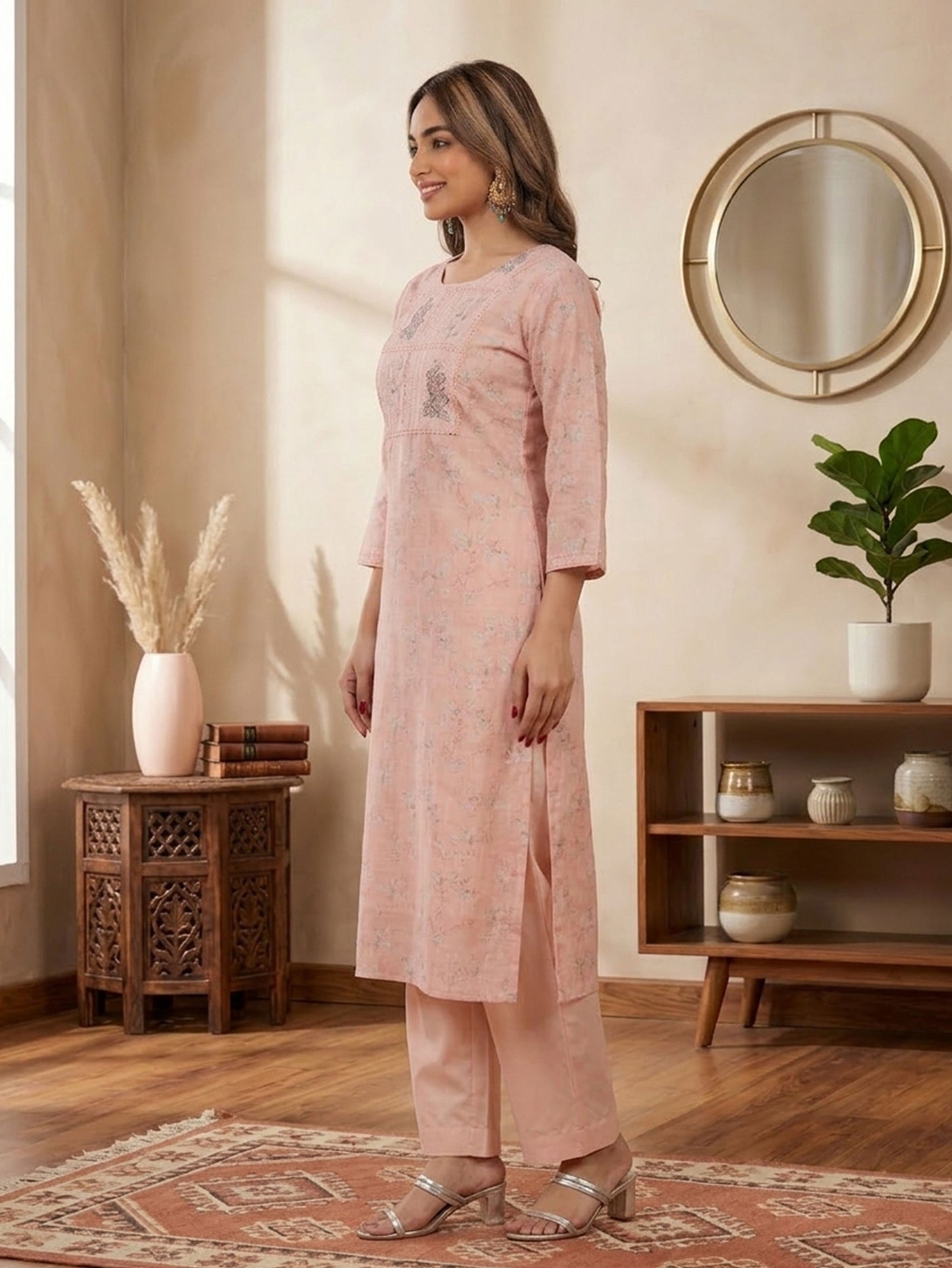 Blended Silk Floral Straight Peach Kurta