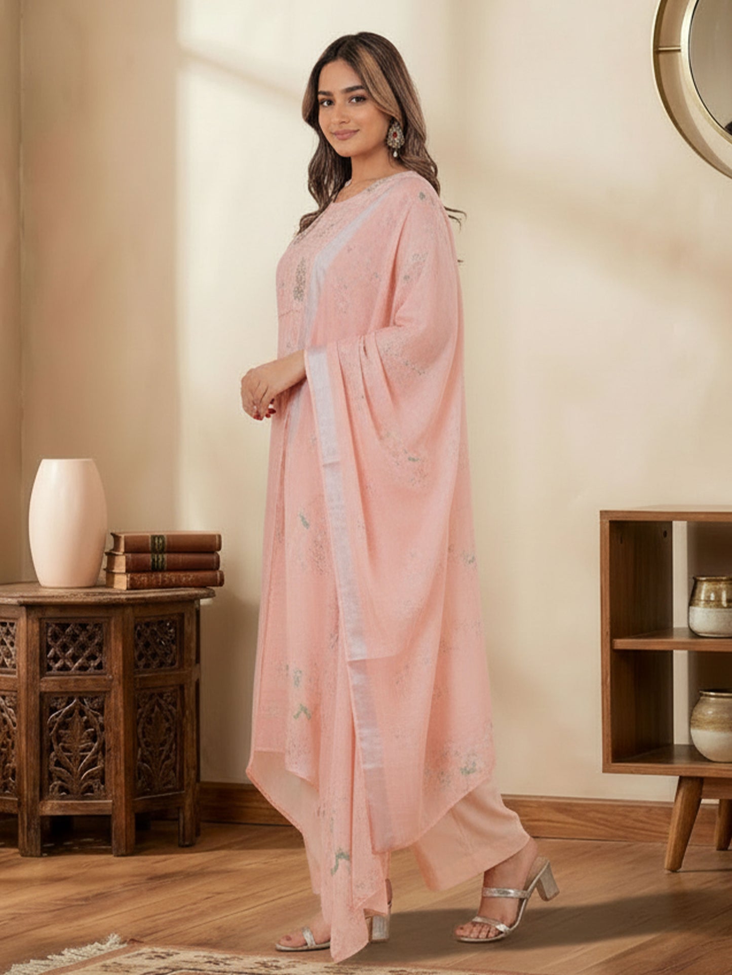 Blended Silk Floral Straight Peach Kurta