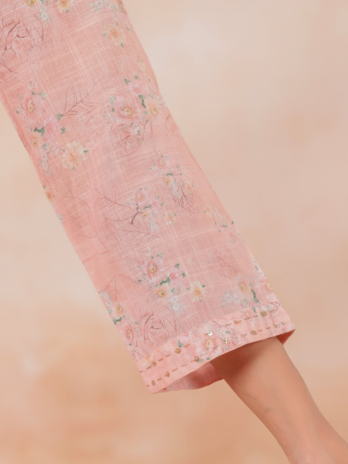 Blended Silk Floral Straight Peach Kurta