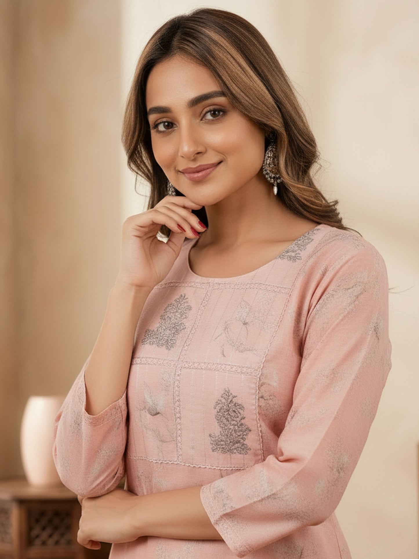 Blended Silk Floral Straight Peach Kurta