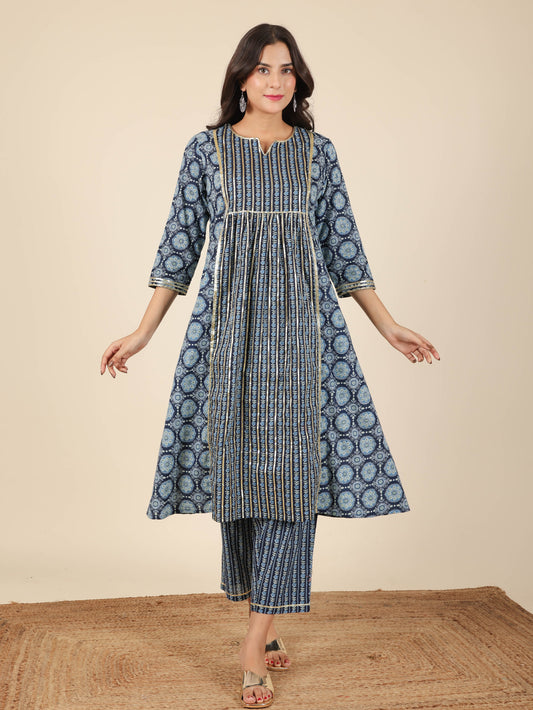 Soft Cotton Geometric Panelled Blue Kurta