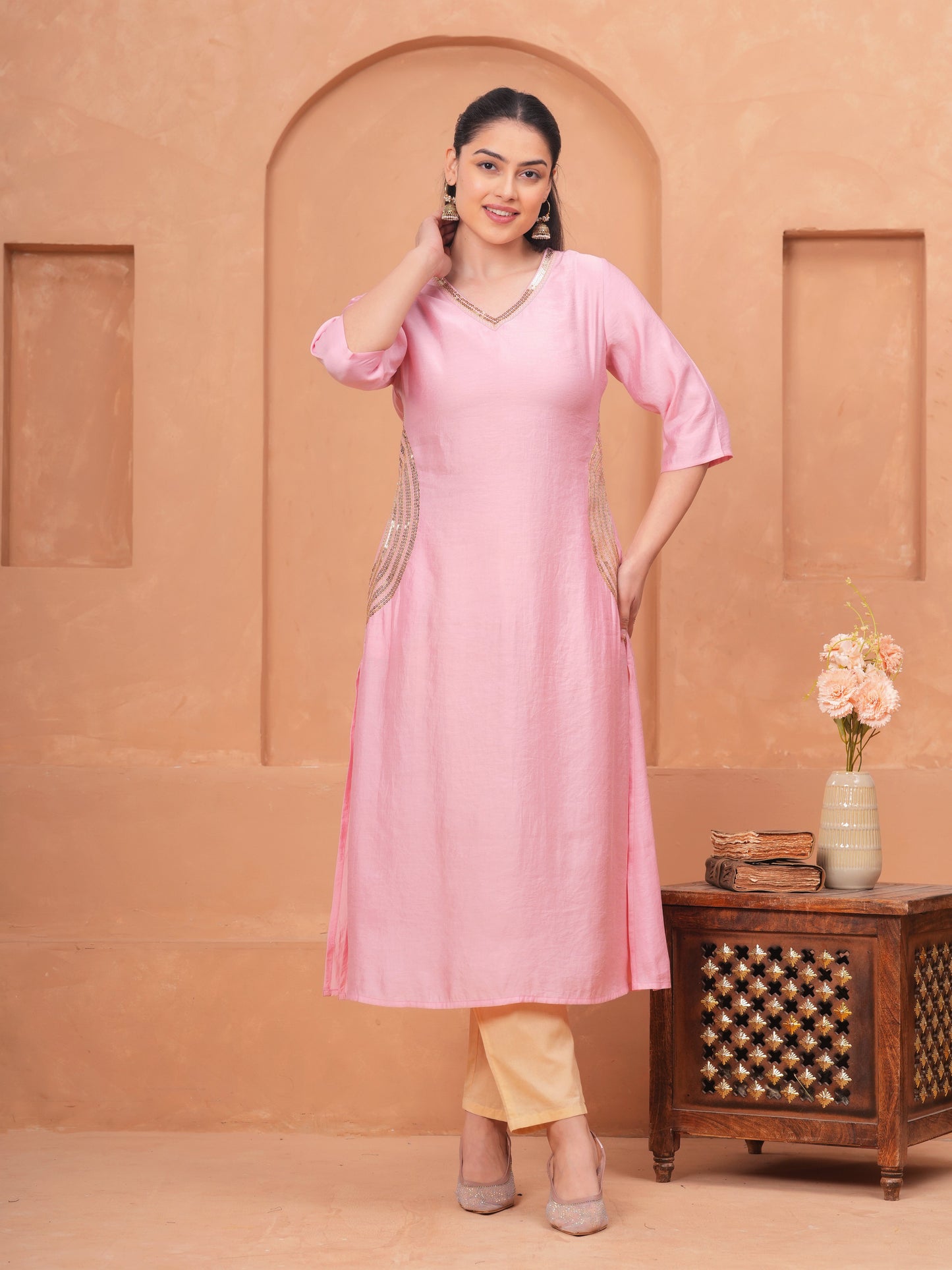 Embroidered Blended Silk Solid Straight Pink Kurta