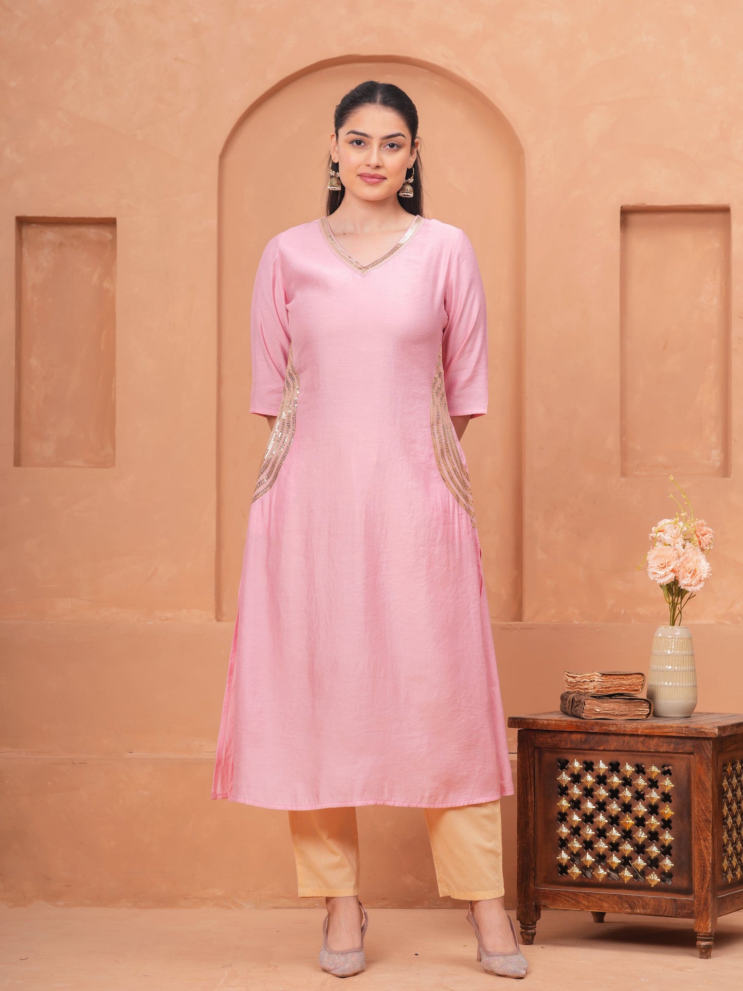 Embroidered Blended Silk Solid Straight Pink Kurta
