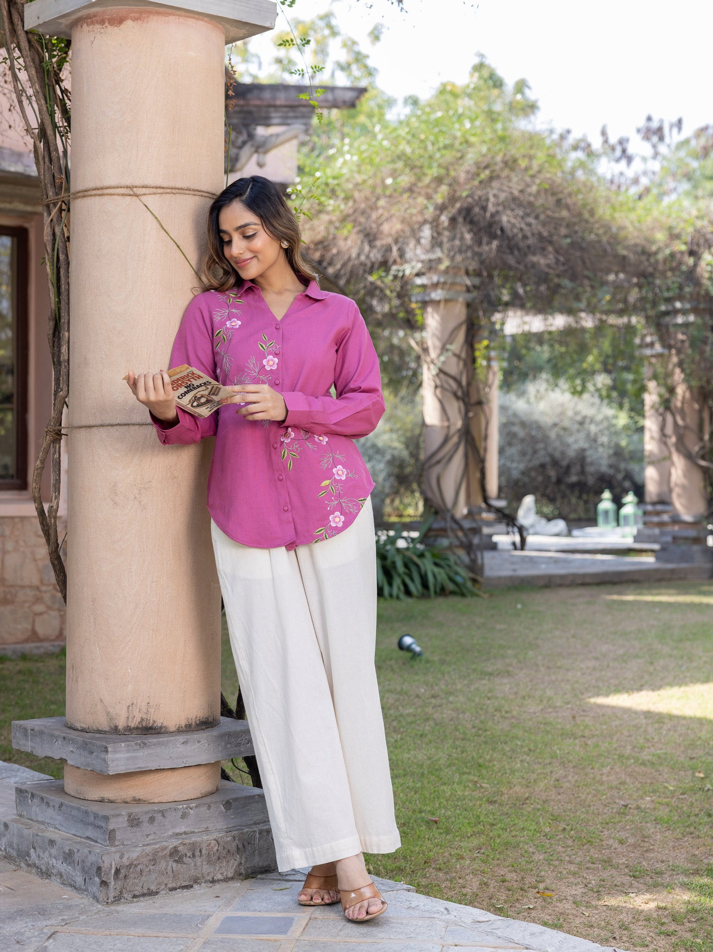 Embroidered Linen Cotton Solid Straight Purple Top