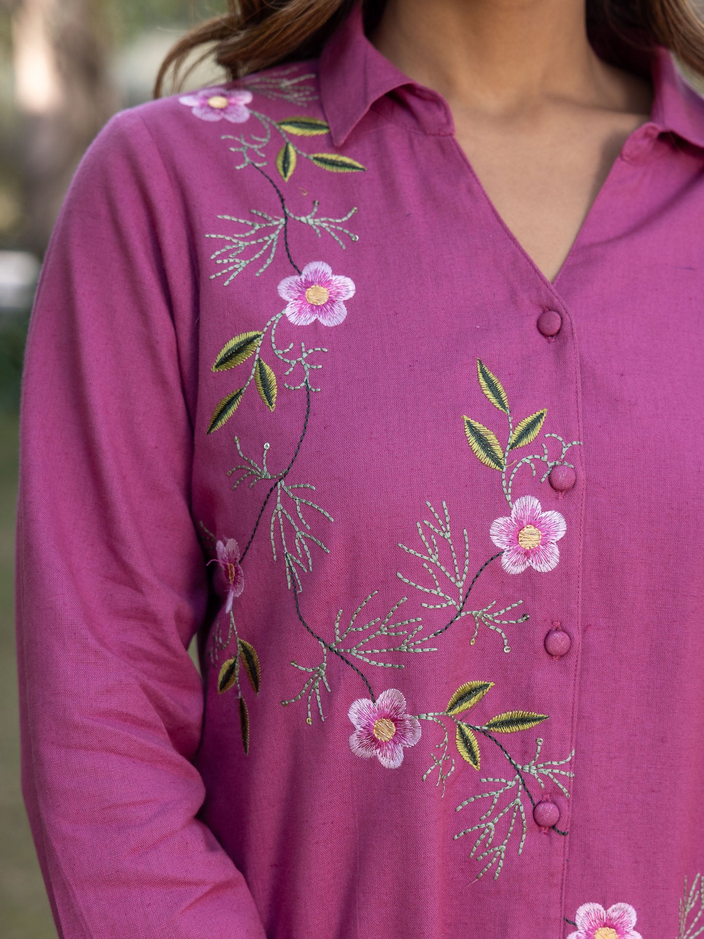 Embroidered Linen Cotton Solid Straight Purple Top
