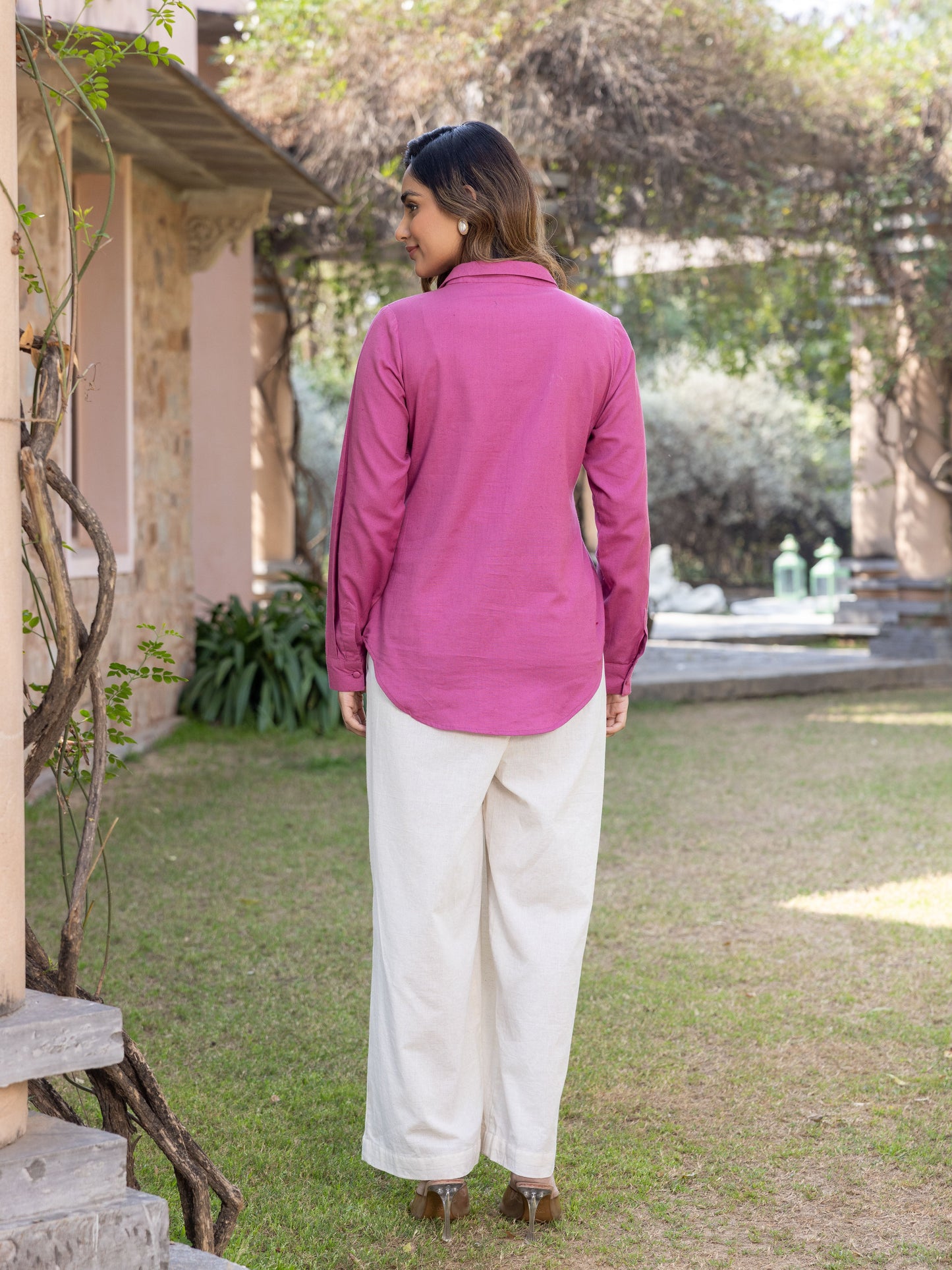 Embroidered Linen Cotton Solid Straight Purple Top