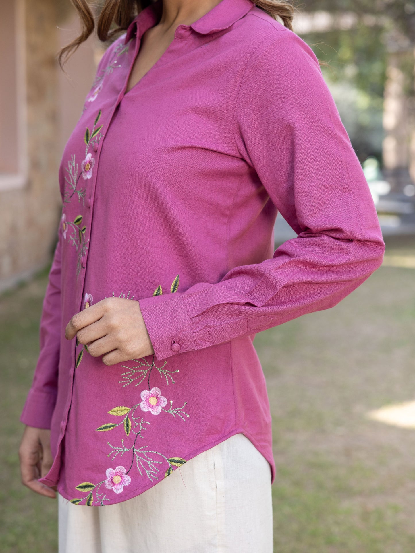 Embroidered Linen Cotton Solid Straight Purple Top