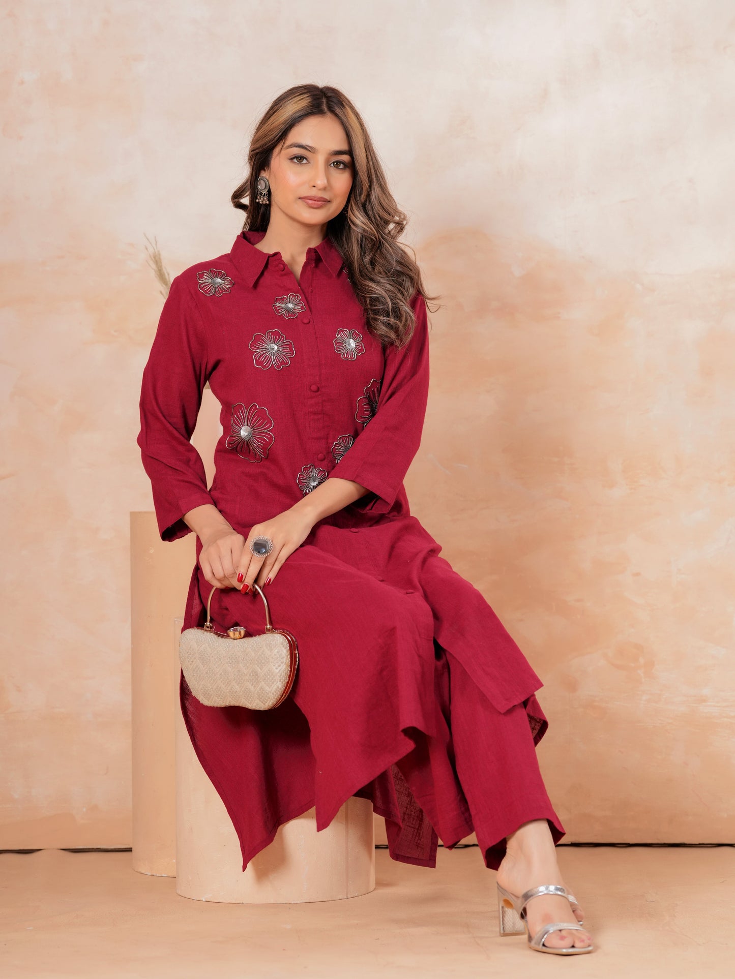 Embroidered Linen Cotton Solid High Low Maroon Kurta