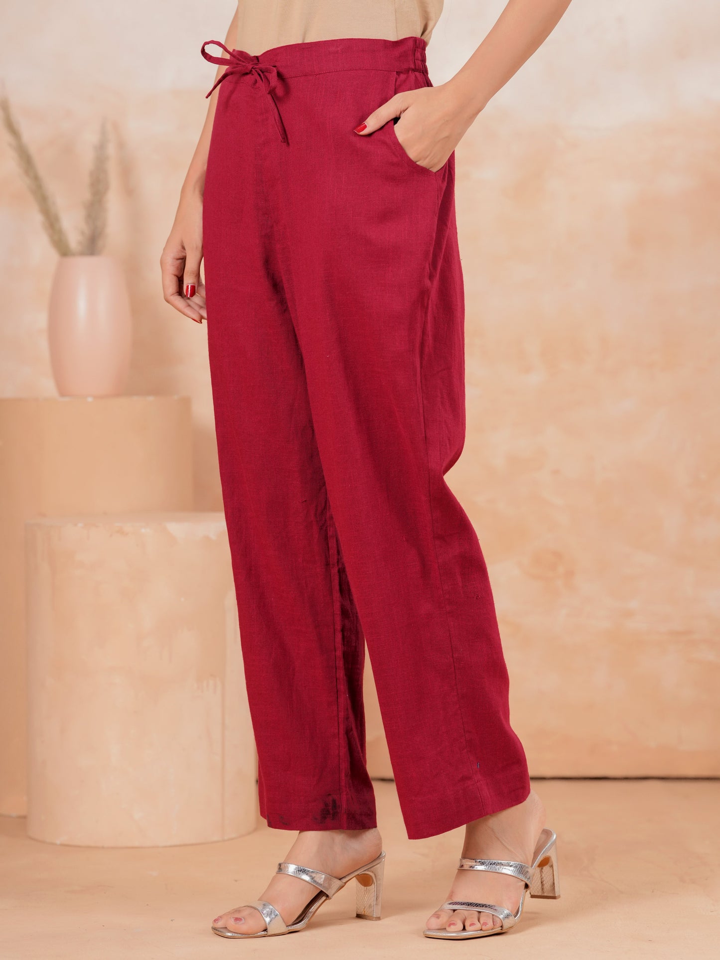 Embroidered Linen Cotton Solid High Low Maroon Kurta