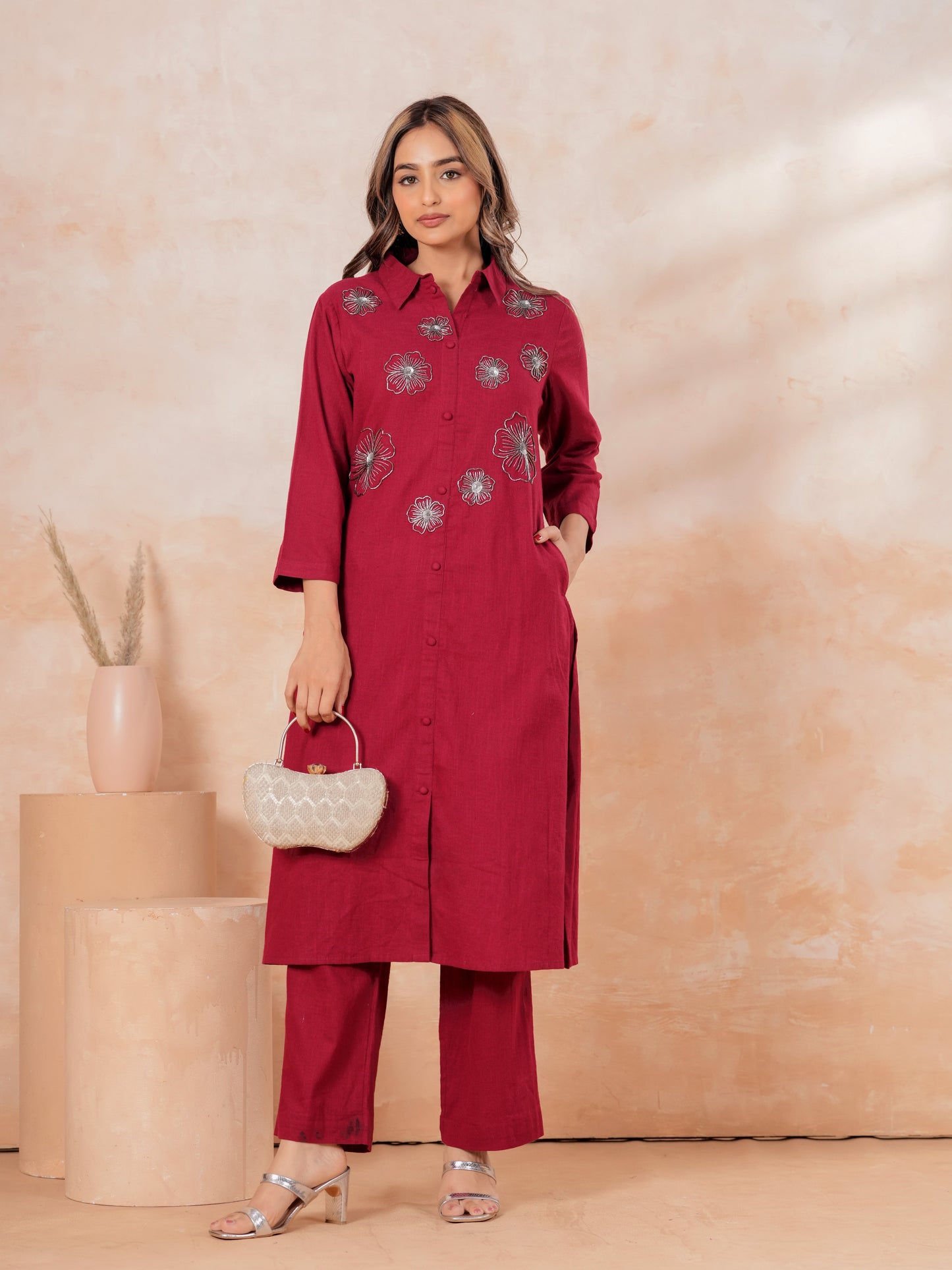 Embroidered Linen Cotton Solid High Low Maroon Kurta