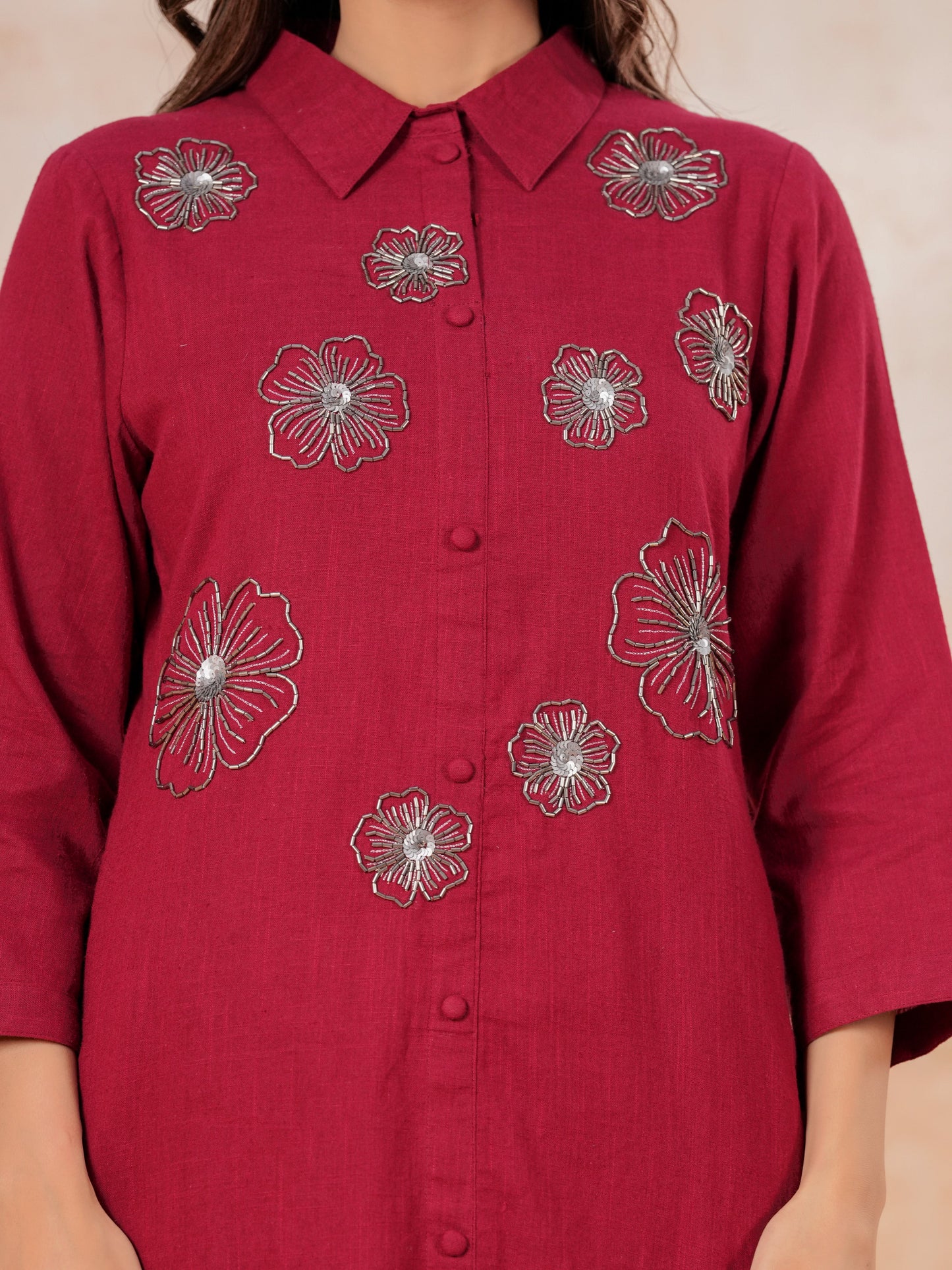 Embroidered Linen Cotton Solid High Low Maroon Kurta