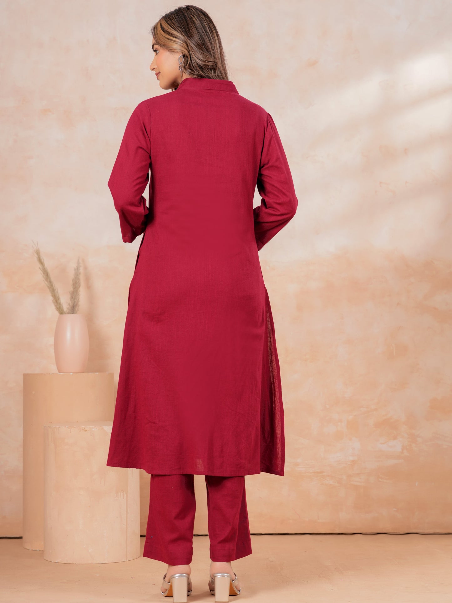 Embroidered Linen Cotton Solid High Low Maroon Kurta