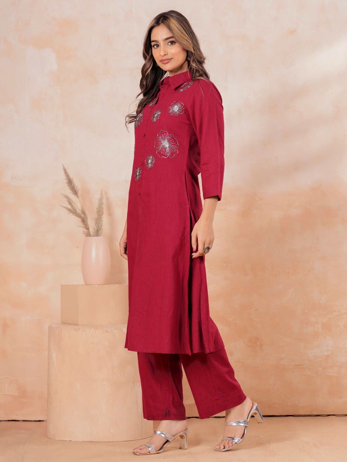 Embroidered Linen Cotton Solid High Low Maroon Kurta