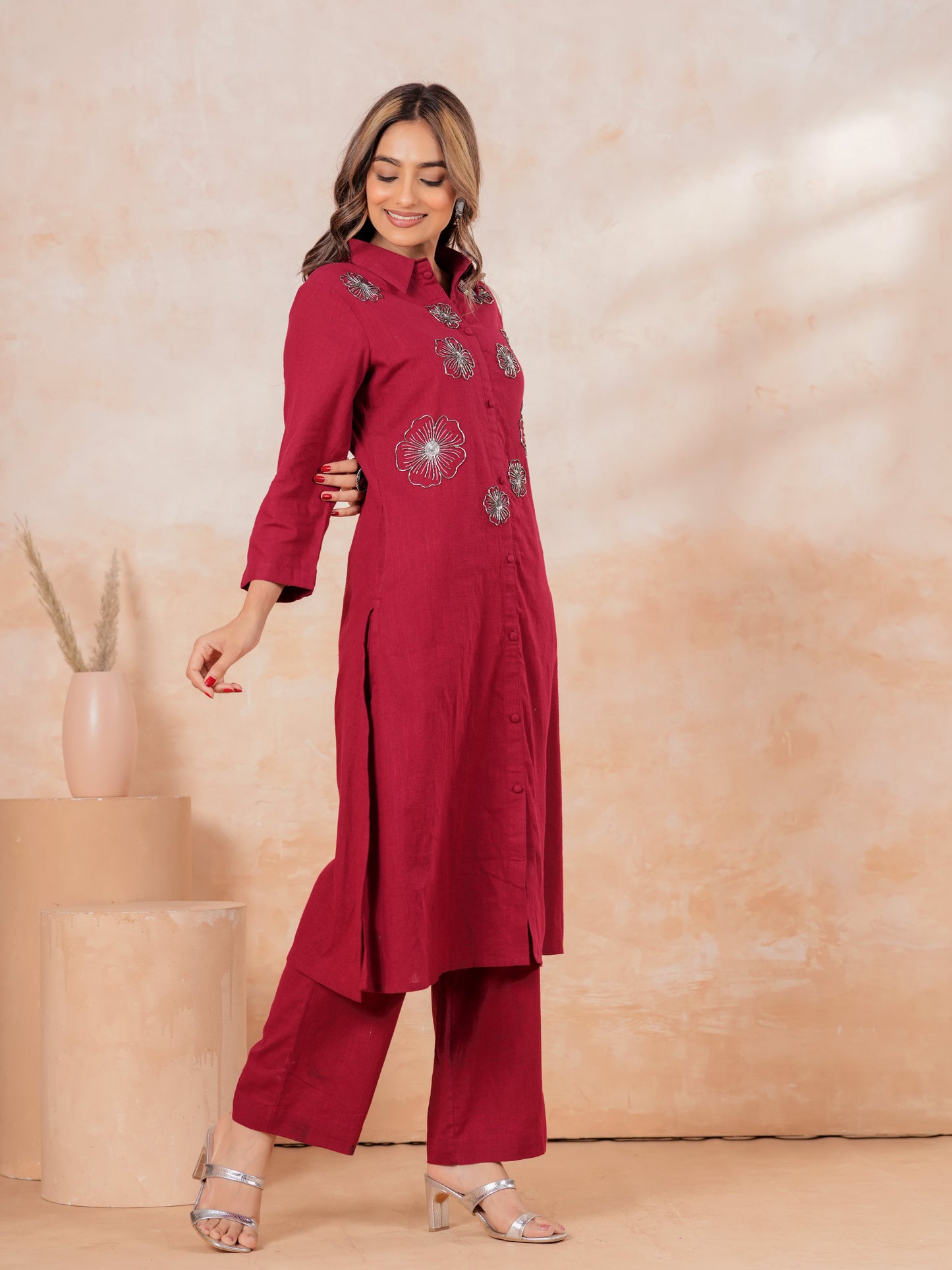 Embroidered Linen Cotton Solid High Low Maroon Kurta