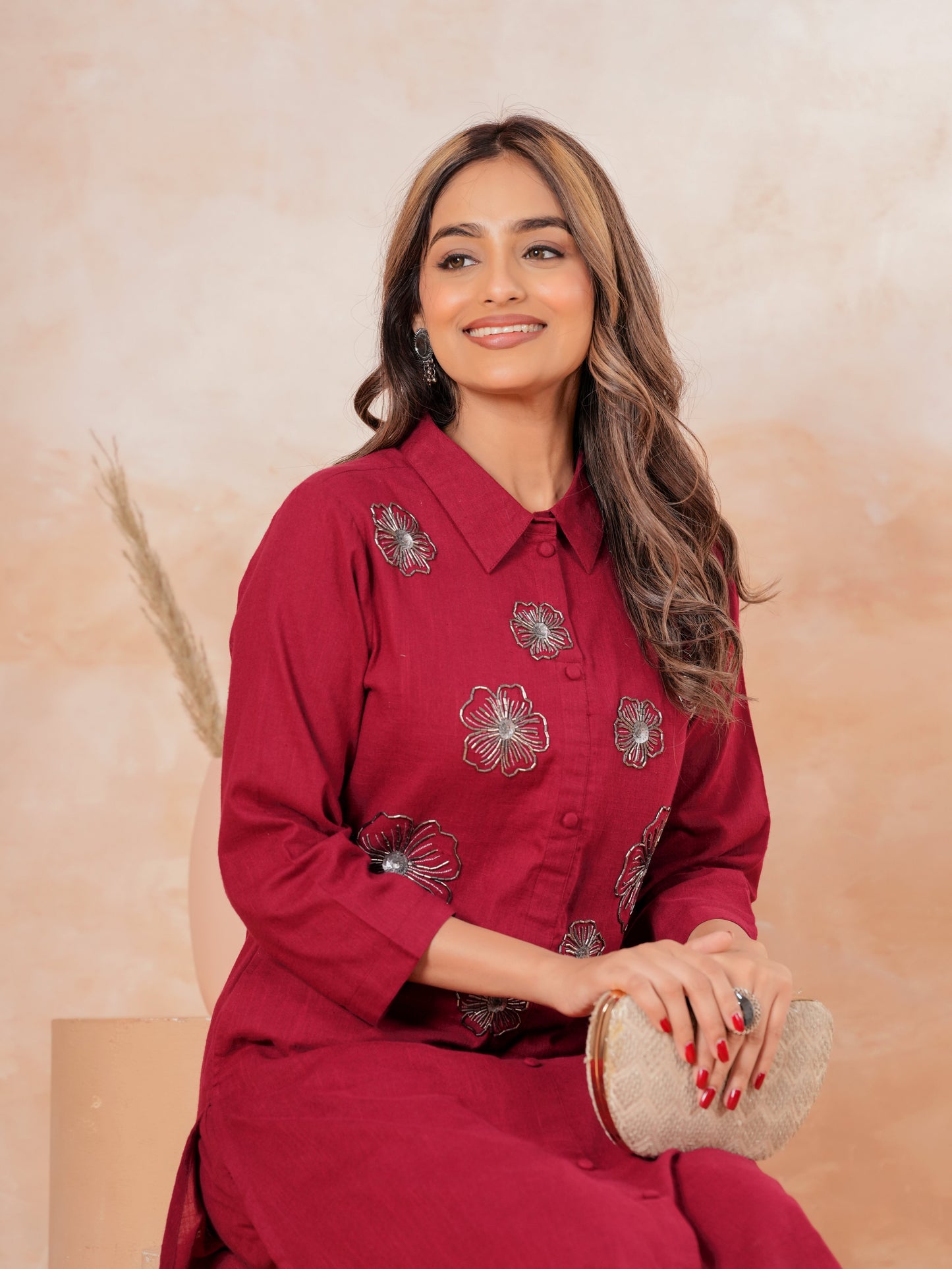 Embroidered Linen Cotton Solid High Low Maroon Kurta