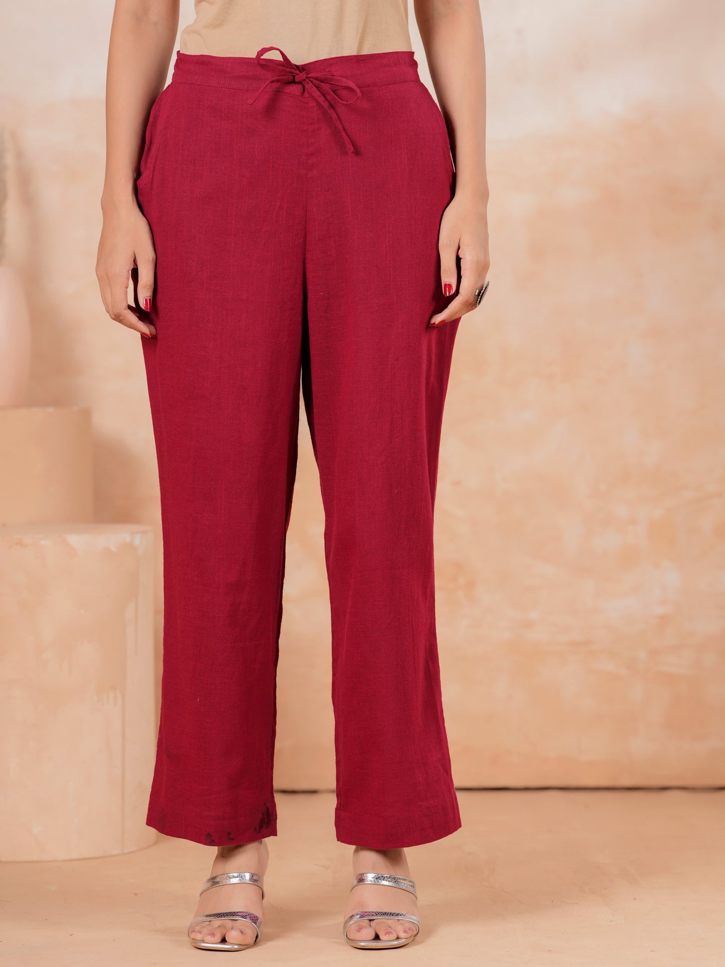 Linen Cotton Solid Maroon Straight Trousers