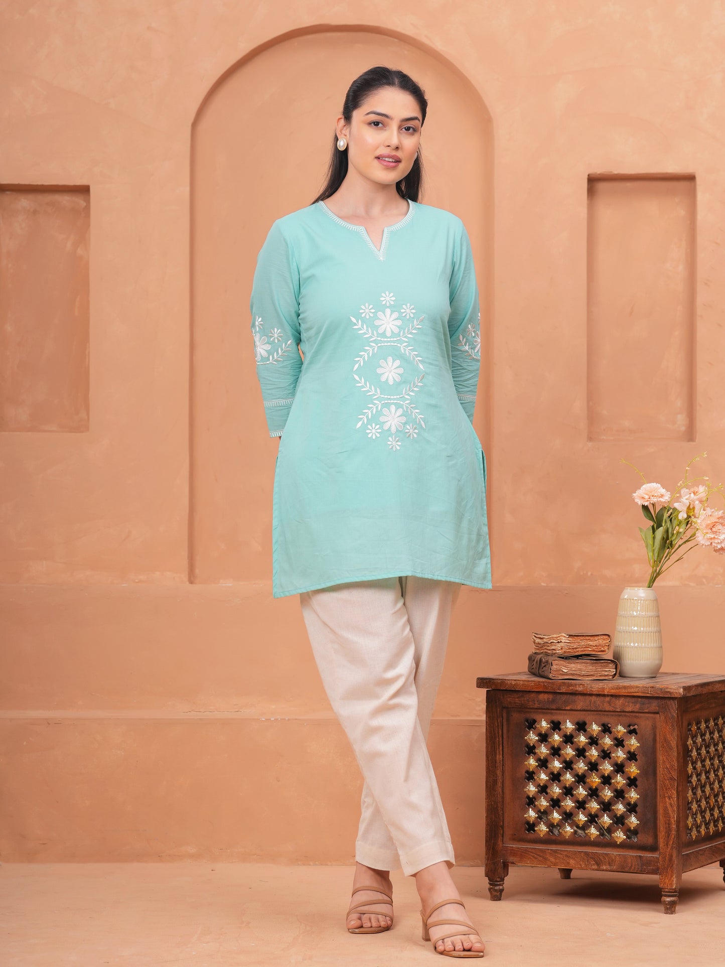 Embroidered Soft Cotton Solid Straight Sky Blue Kurta