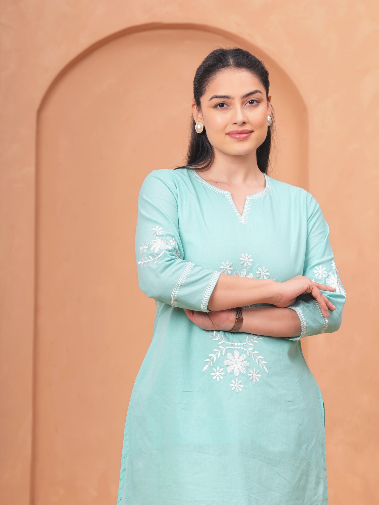 Embroidered Soft Cotton Solid Straight Sky Blue Kurta