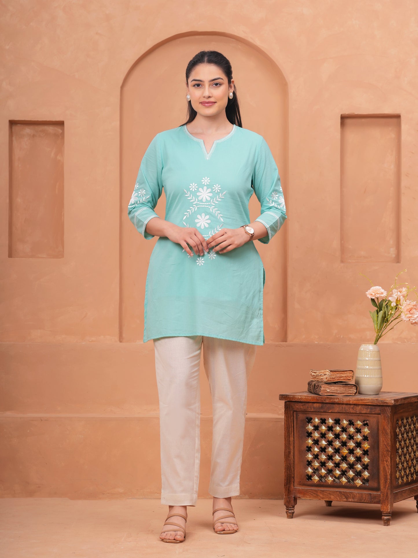 Embroidered Soft Cotton Solid Straight Sky Blue Kurta