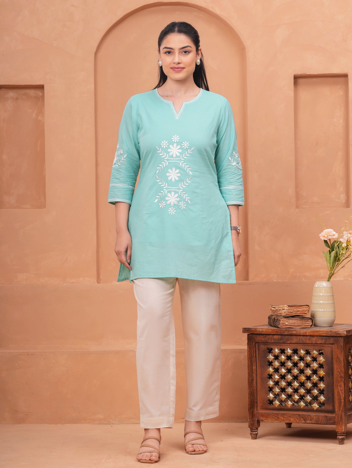 Embroidered Soft Cotton Solid Straight Sky Blue Kurta