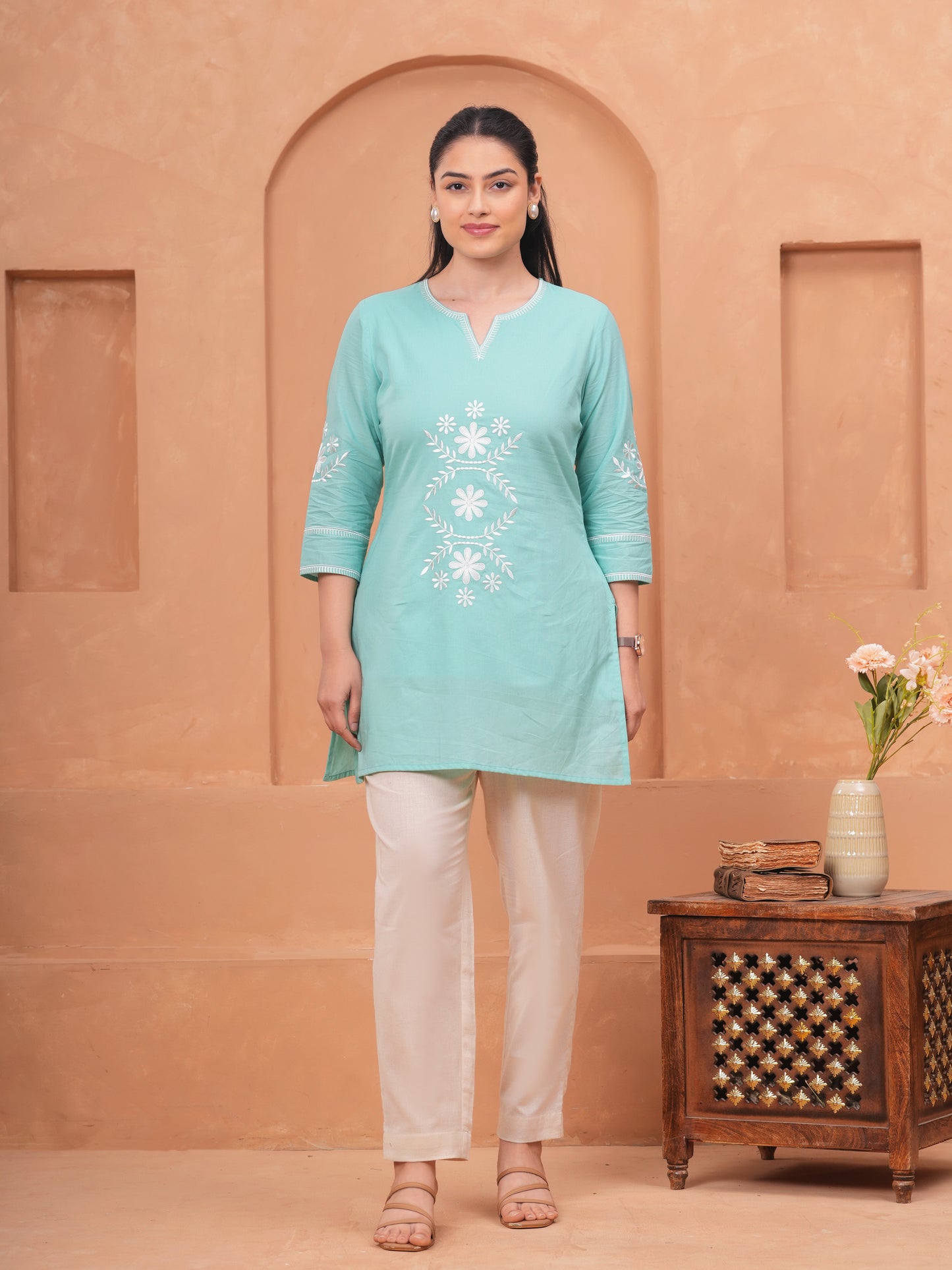 Embroidered Soft Cotton Solid Straight Sky Blue Kurta