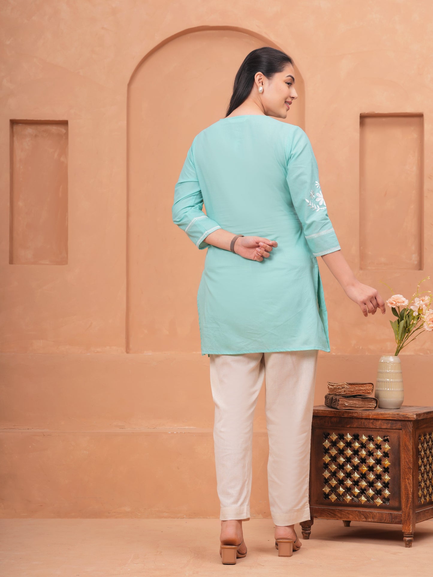 Embroidered Soft Cotton Solid Straight Sky Blue Kurta
