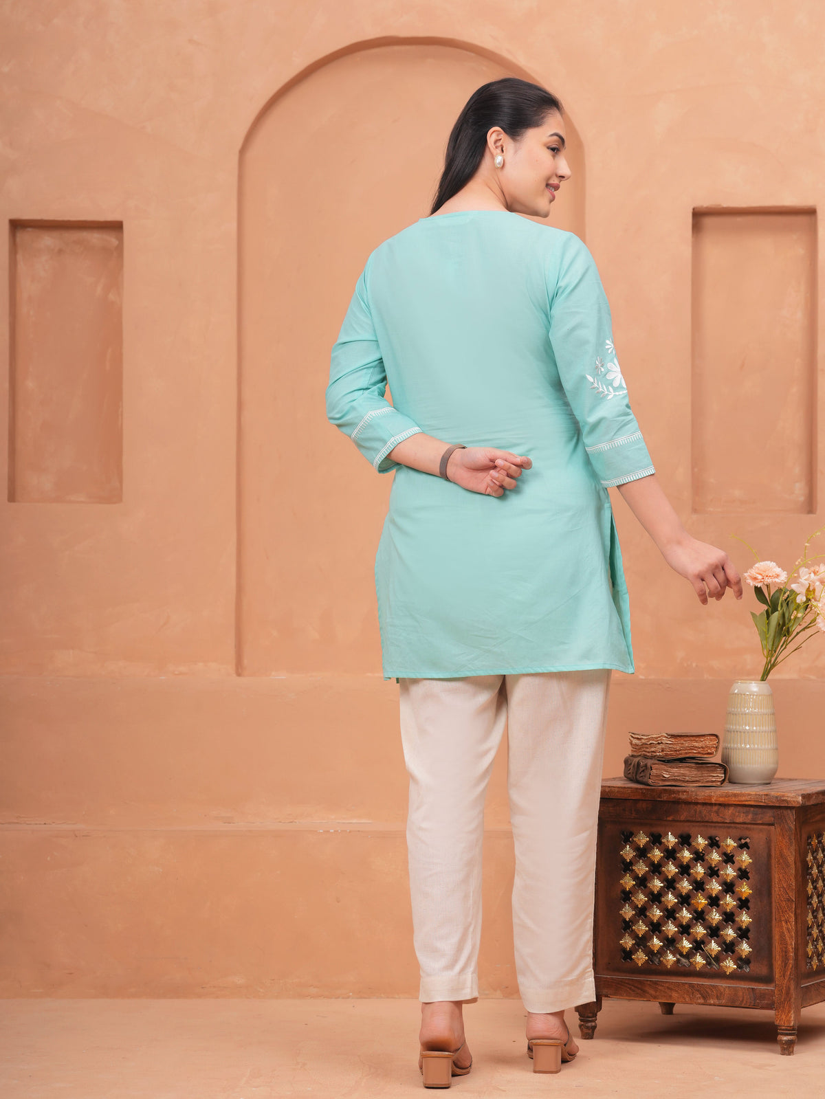 Embroidered Soft Cotton Solid Straight Sky Blue Kurti